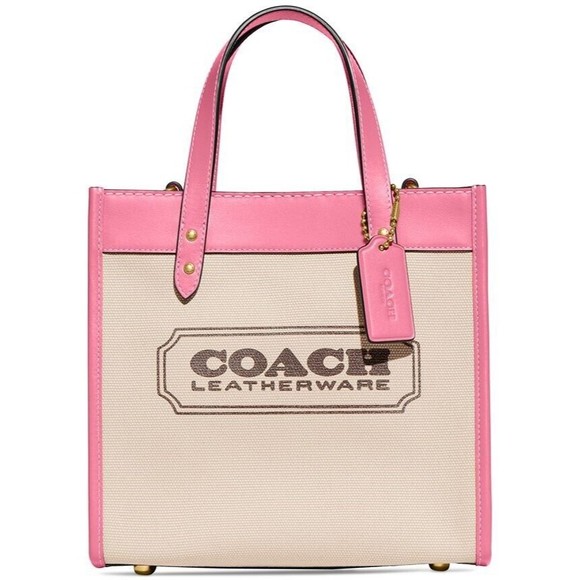 Coach Field 22 Logo ColorBlock Natural Canvas Tote Crossbody Bag Pink New
